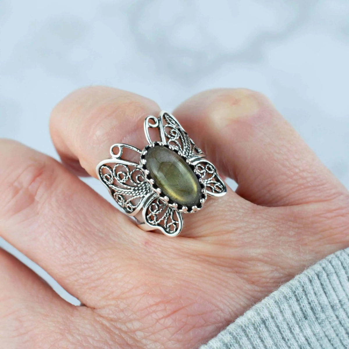 Filigree Art Labradorite Gemstone Butterfly Design Women Silver Cocktail Ring - Drakoi Marketplace