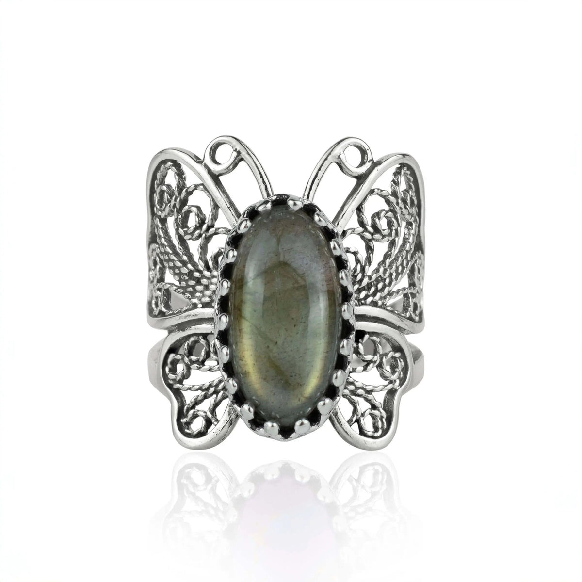 Filigree Art Labradorite Gemstone Butterfly Design Women Silver Cocktail Ring - Drakoi Marketplace