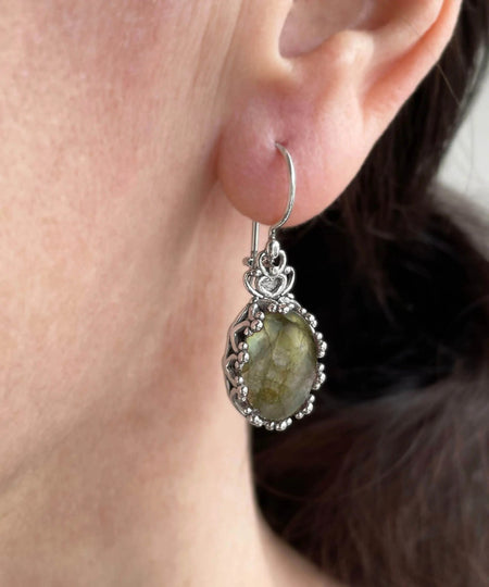 Filigree Art Labradorite Gemstone Crown Figured Women Silver Oval Drop Earrings - Drakoi Marketplace