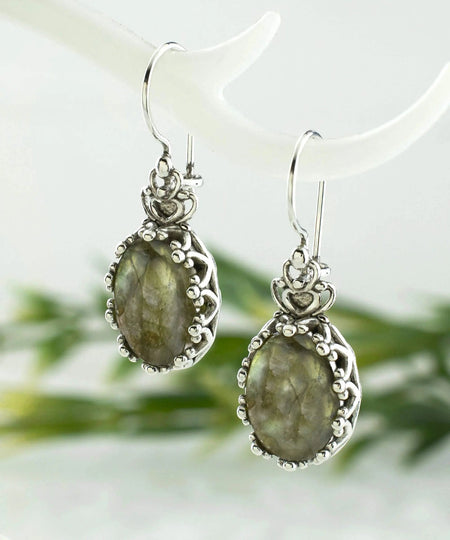 Filigree Art Labradorite Gemstone Crown Figured Women Silver Oval Drop Earrings - Drakoi Marketplace