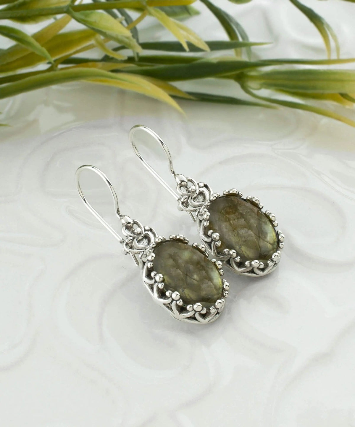 Filigree Art Labradorite Gemstone Crown Figured Women Silver Oval Drop Earrings - Drakoi Marketplace