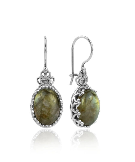 Filigree Art Labradorite Gemstone Crown Figured Women Silver Oval Drop Earrings - Drakoi Marketplace