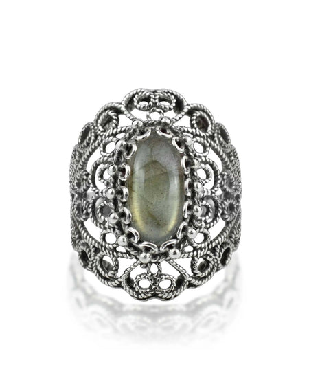 Filigree Art Labradorite Gemstone Lace Detailed Women Silver Statement Ring - Drakoi Marketplace