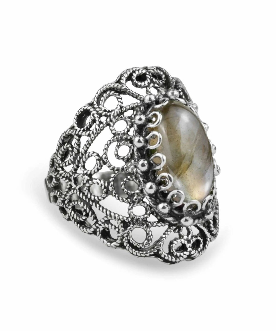 Filigree Art Labradorite Gemstone Lace Detailed Women Silver Statement Ring - Drakoi Marketplace