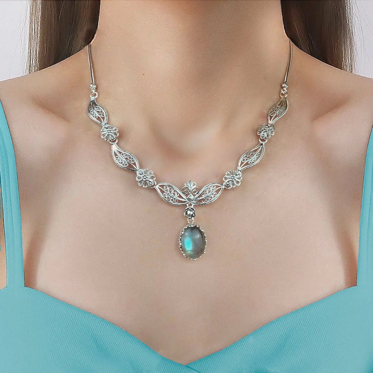 Filigree Art Labradorite Gemstone Women Silver Princess Necklace - Drakoi Marketplace