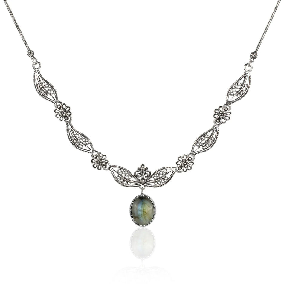 Filigree Art Labradorite Gemstone Women Silver Princess Necklace - Drakoi Marketplace