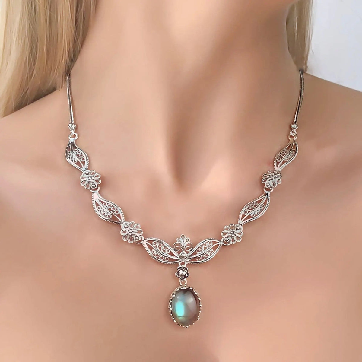 Filigree Art Labradorite Gemstone Women Silver Princess Necklace - Drakoi Marketplace