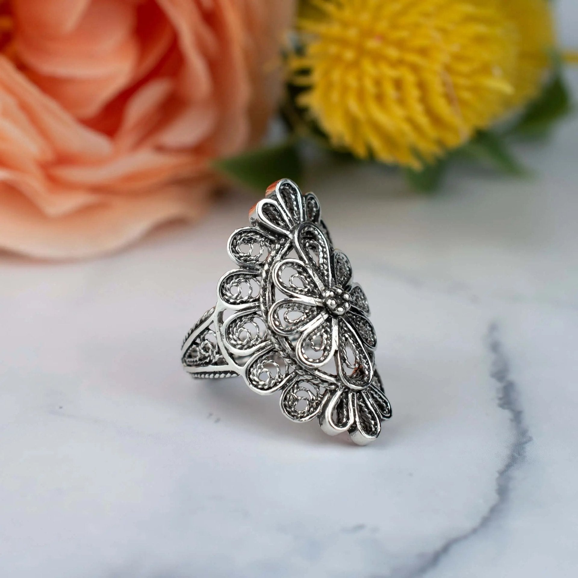 Filigree Art Lace Detailed Woman Long Statement Silver Ring - Drakoi Marketplace