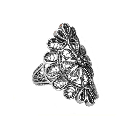 Filigree Art Lace Detailed Woman Long Statement Silver Ring - Drakoi Marketplace