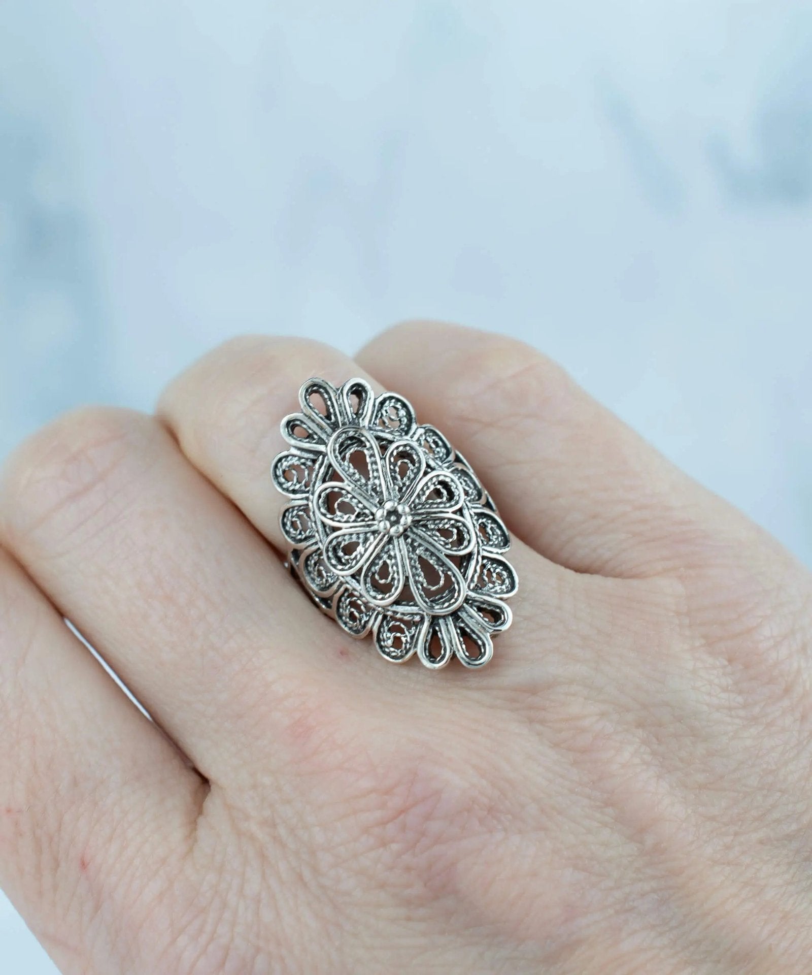 Filigree Art Lace Detailed Woman Long Statement Silver Ring - Drakoi Marketplace