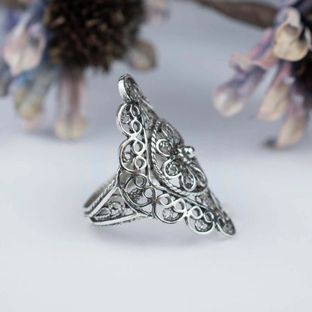 Filigree Art Lace Detailed Women Silver Statement Ring - Drakoi Marketplace