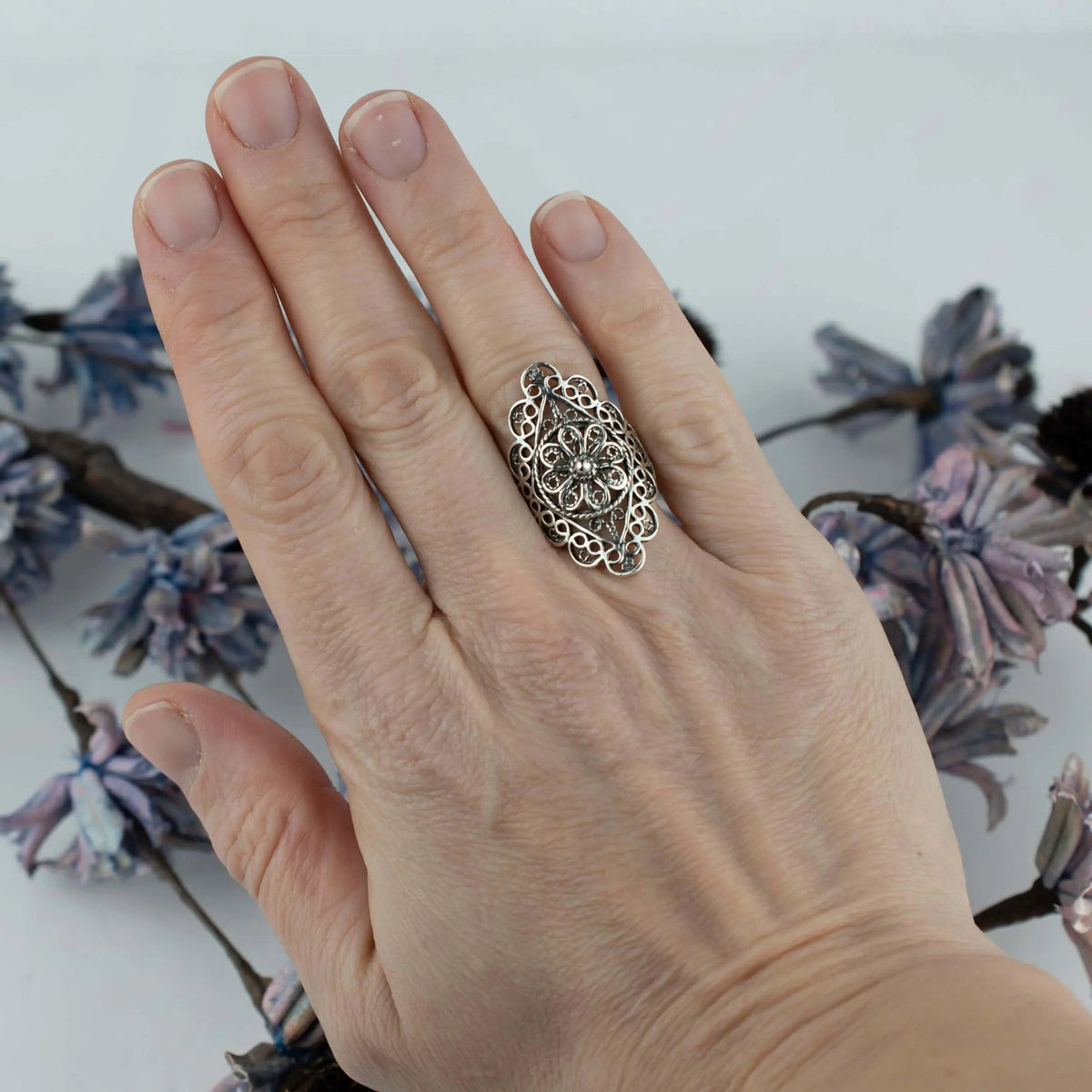 Filigree Art Lace Detailed Women Silver Statement Ring - Drakoi Marketplace