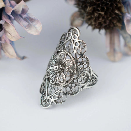 Filigree Art Lace Detailed Women Silver Statement Ring - Drakoi Marketplace