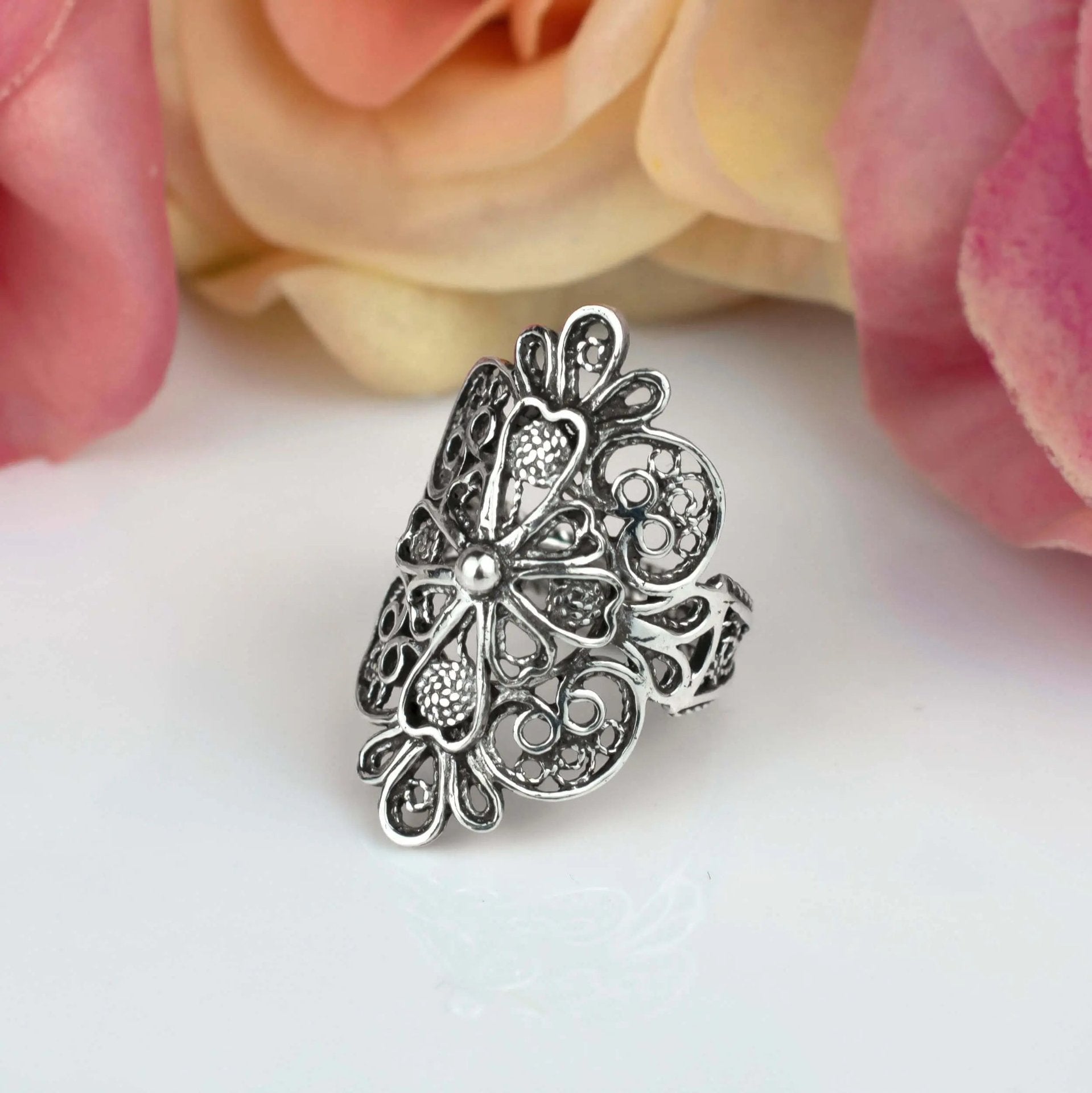 Filigree Art Lace Embroidery Cross Figured Women Silver Statement Ring - Drakoi Marketplace