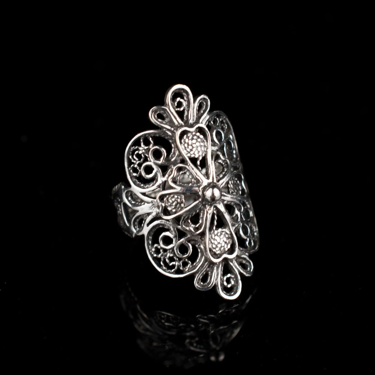 Filigree Art Lace Embroidery Cross Figured Women Silver Statement Ring - Drakoi Marketplace