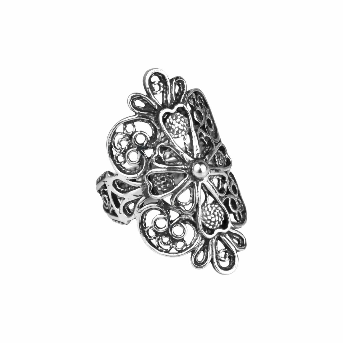 Filigree Art Lace Embroidery Cross Figured Women Silver Statement Ring - Drakoi Marketplace