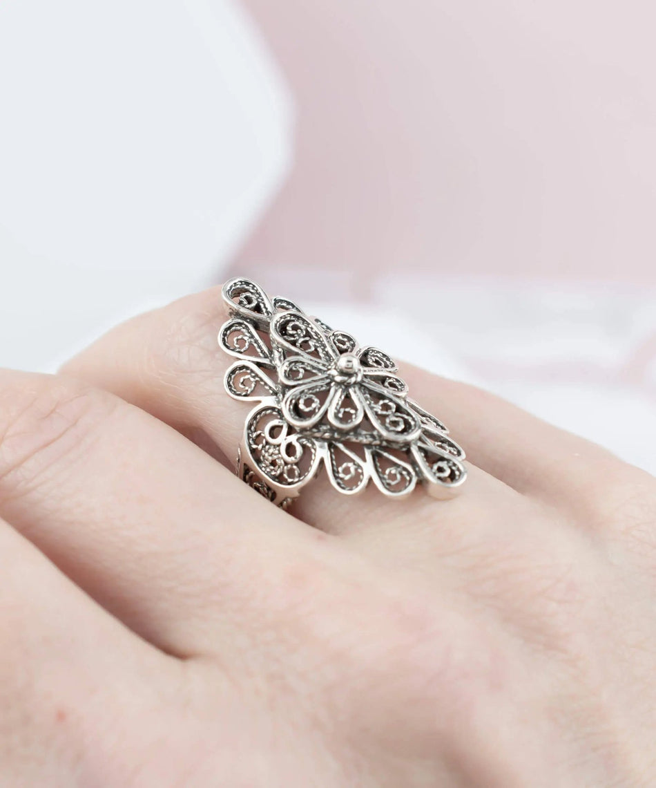 Filigree Art Lace Embroidery Woman Silver Statement Ring - Drakoi Marketplace