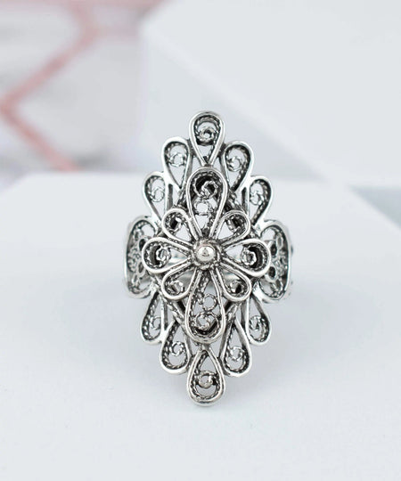 Filigree Art Lace Embroidery Woman Silver Statement Ring - Drakoi Marketplace