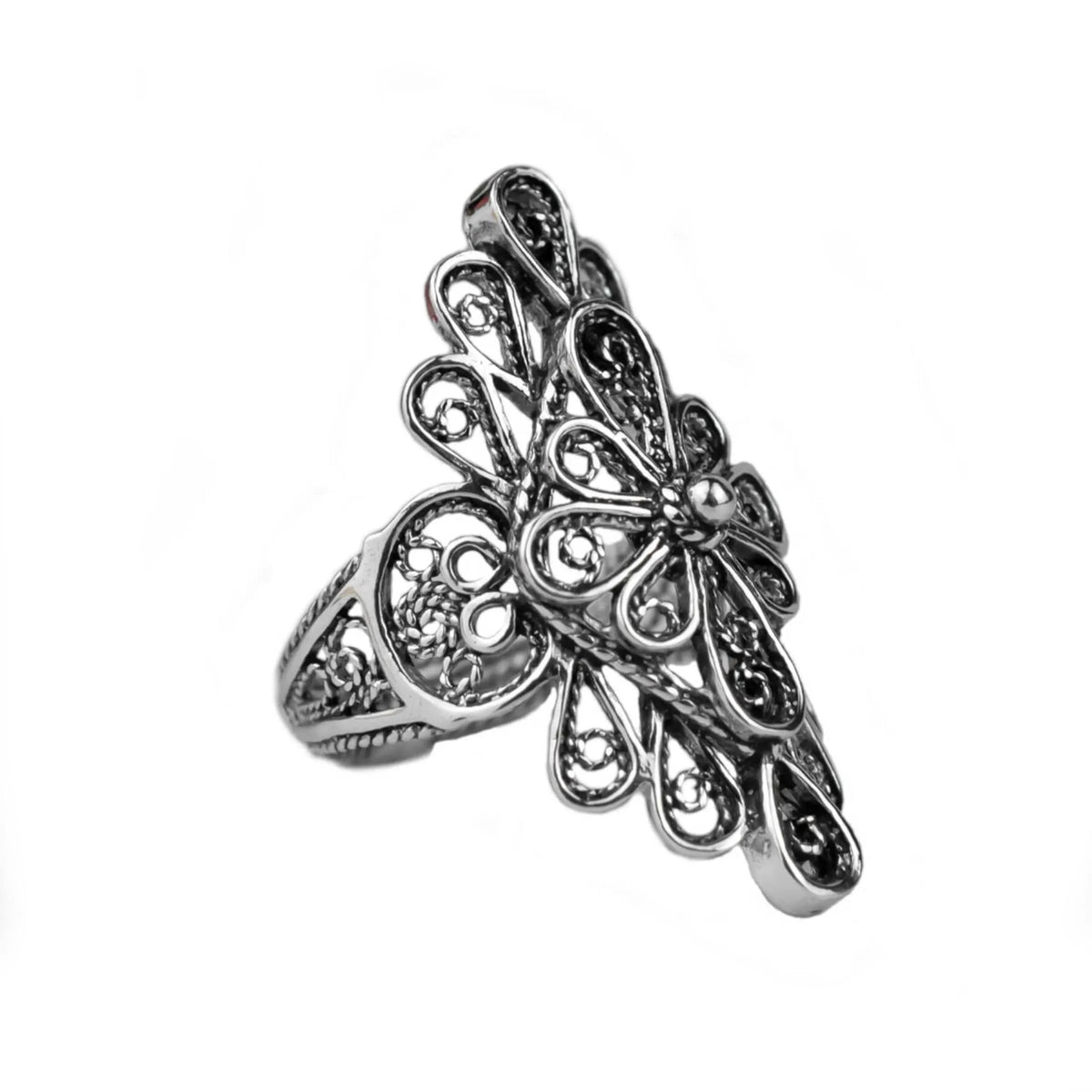 Filigree Art Lace Embroidery Woman Silver Statement Ring - Drakoi Marketplace