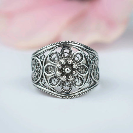 Filigree Art Lace Embroidery Women Silver Cocktail Ring - Drakoi Marketplace