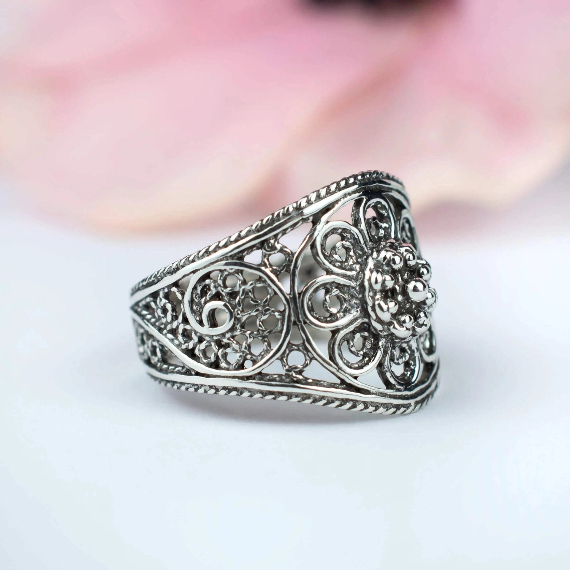 Filigree Art Lace Embroidery Women Silver Cocktail Ring - Drakoi Marketplace