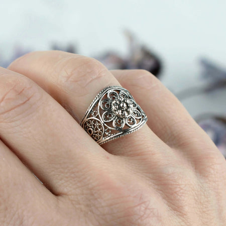 Filigree Art Lace Embroidery Women Silver Cocktail Ring - Drakoi Marketplace