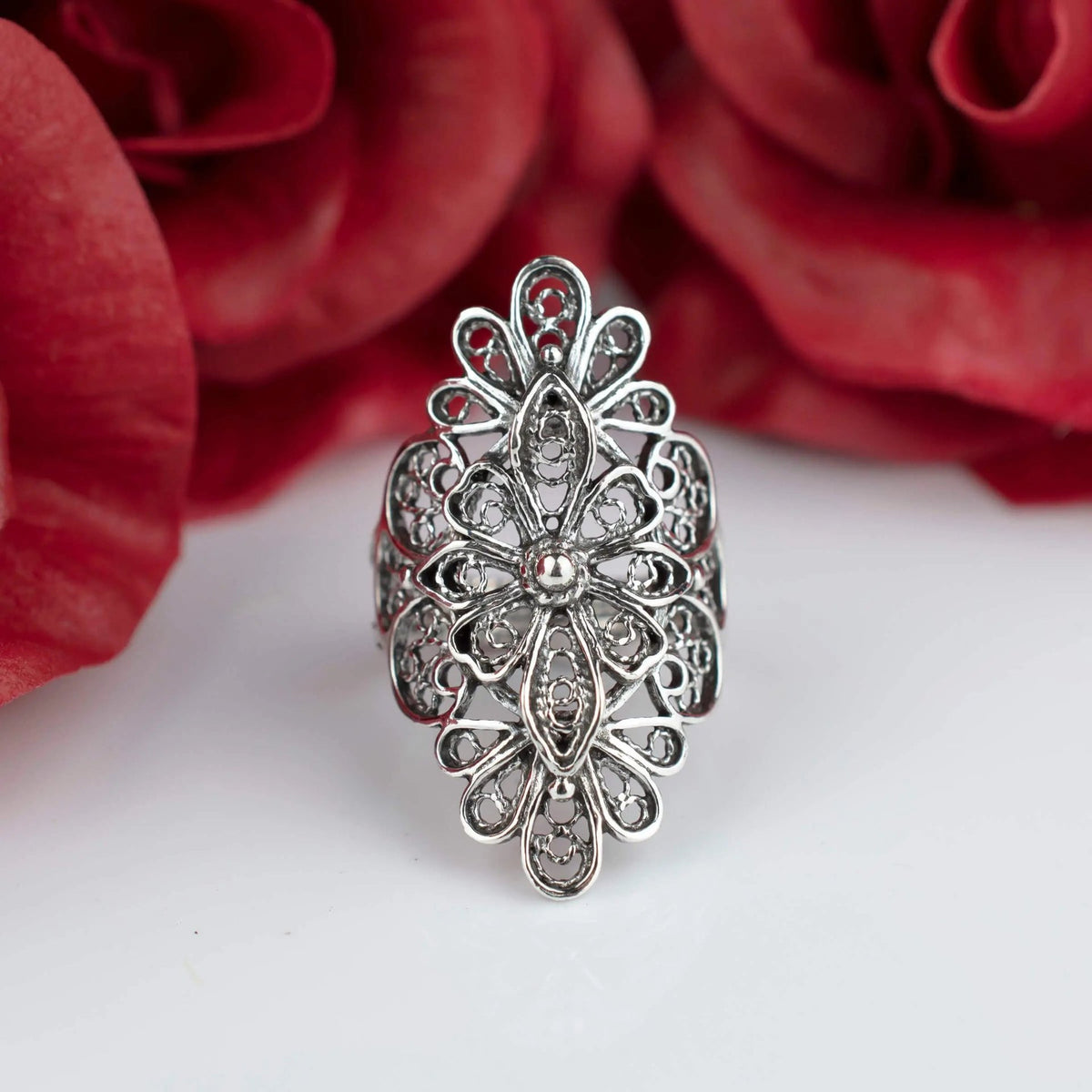 Filigree Art Lace Embroidery Women Silver Statement Ring - Drakoi Marketplace