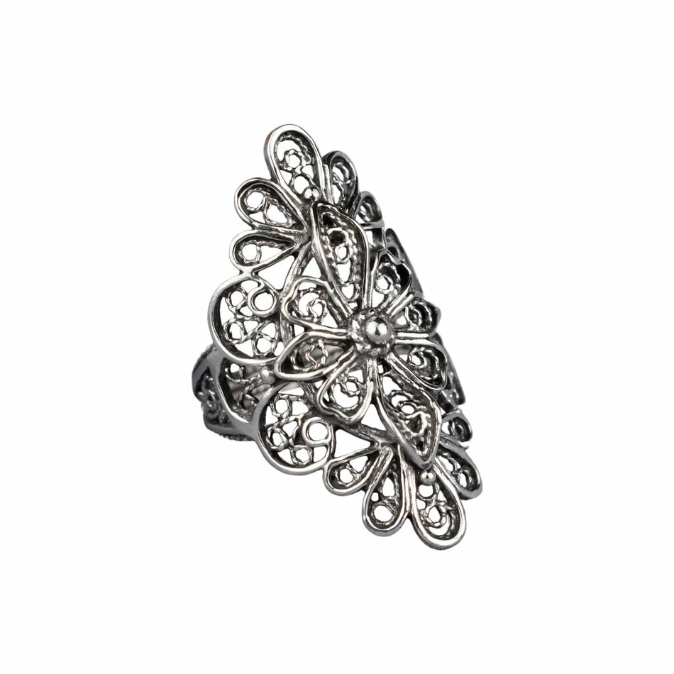 Filigree Art Lace Embroidery Women Silver Statement Ring - Drakoi Marketplace