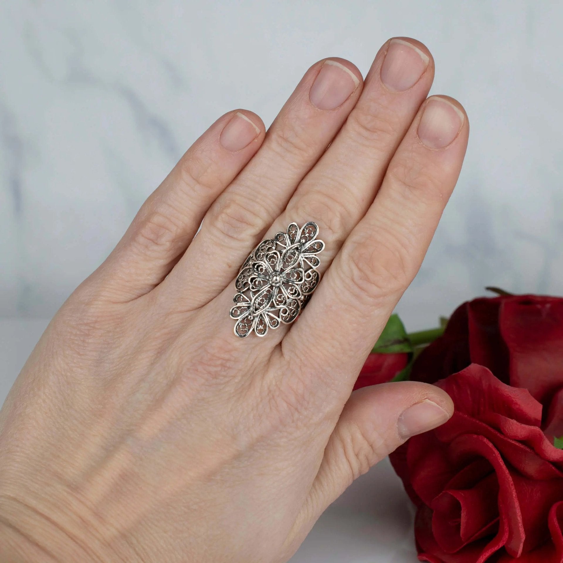 Filigree Art Lace Embroidery Women Silver Statement Ring - Drakoi Marketplace