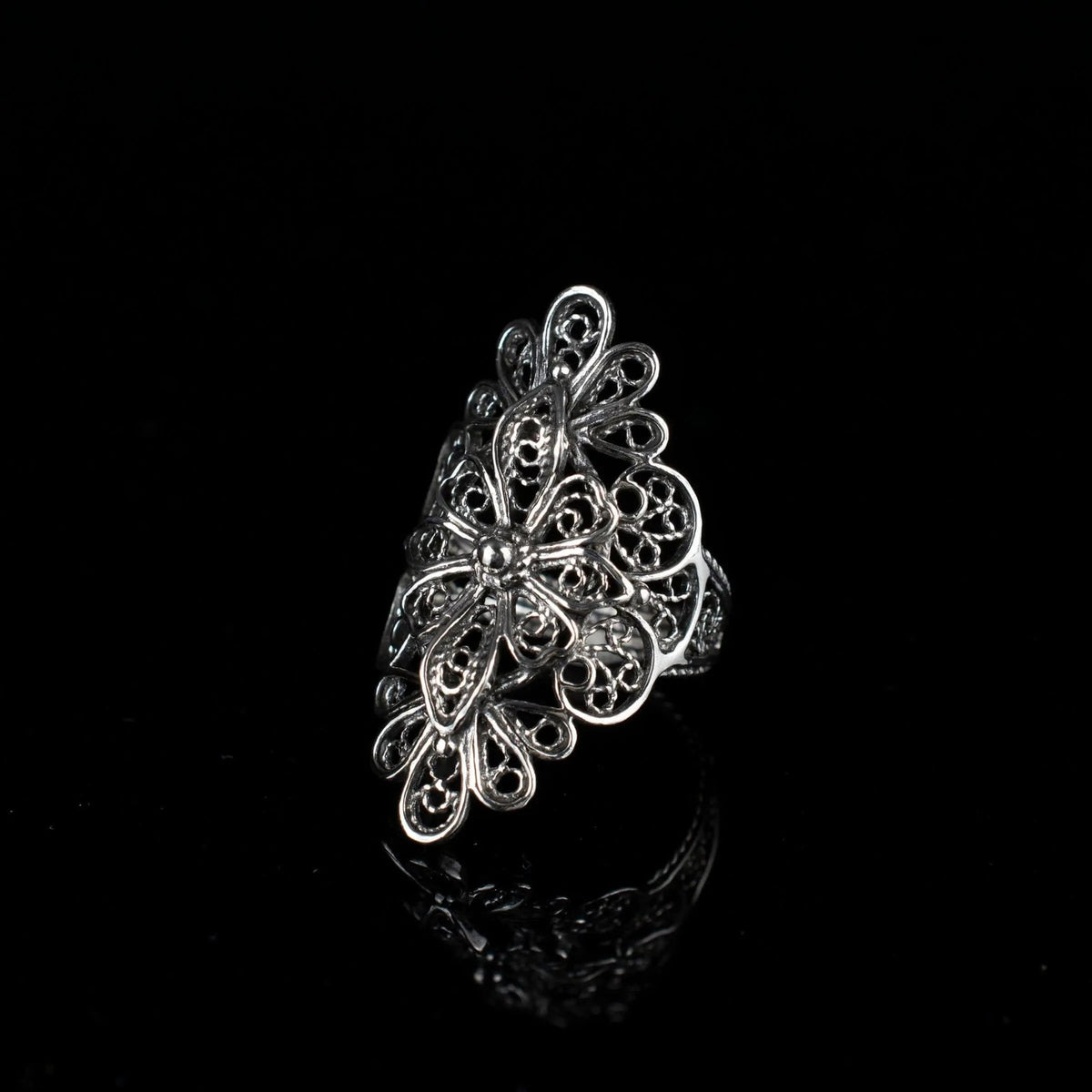 Filigree Art Lace Embroidery Women Silver Statement Ring - Drakoi Marketplace