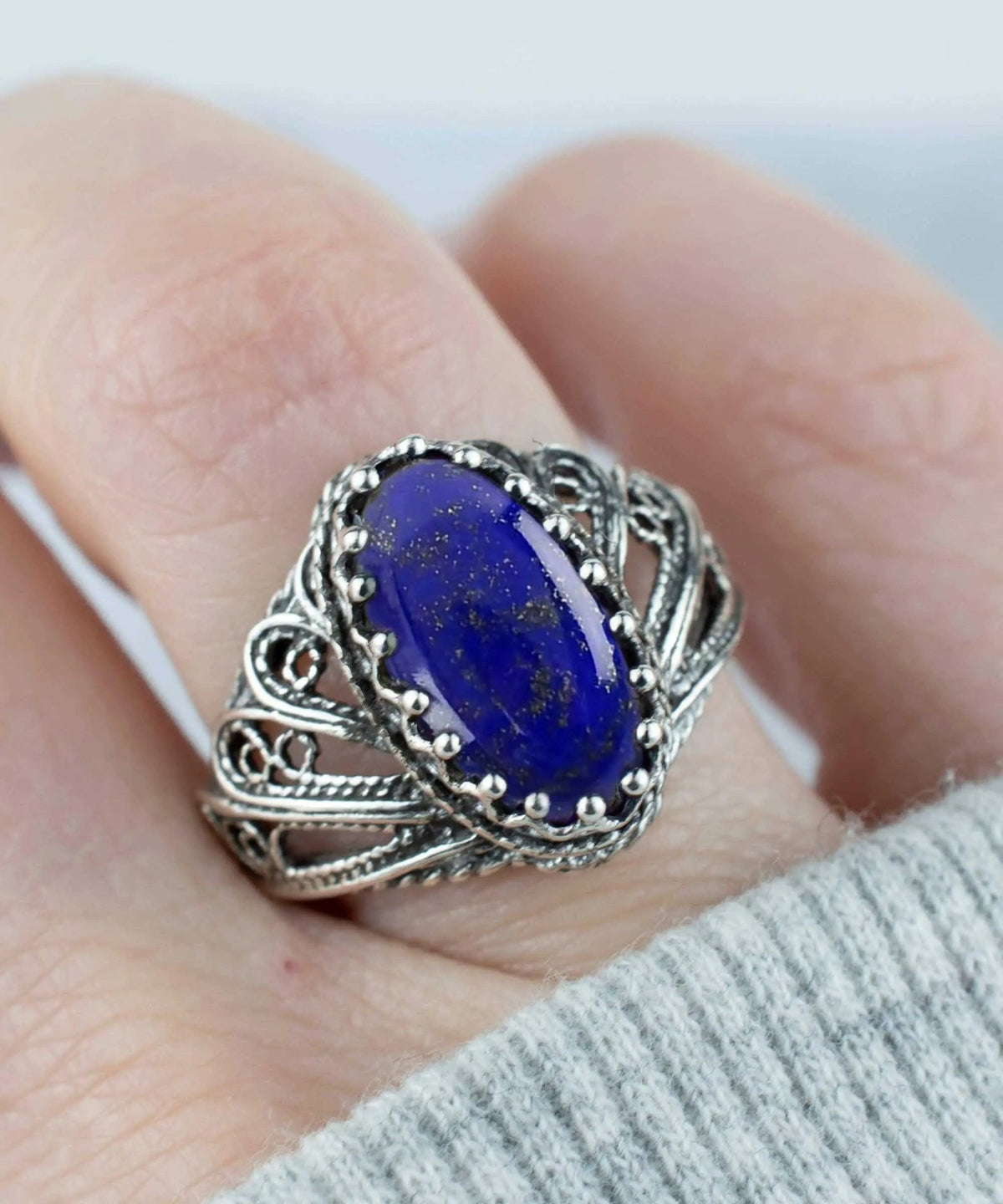 Filigree Art Lapis Lazuli Gemstone Angel Design Women Silver Cocktail Ring - Drakoi Marketplace