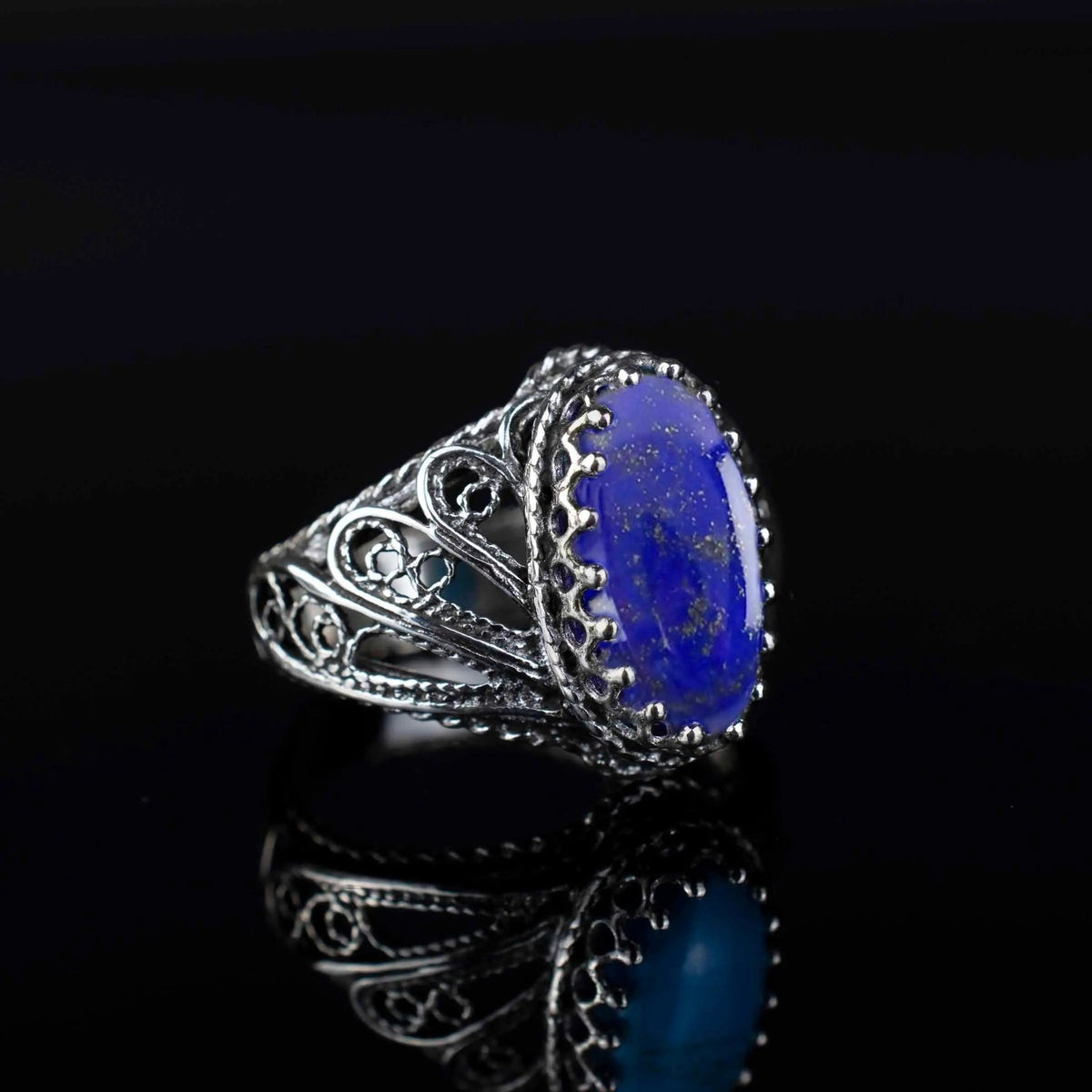 Filigree Art Lapis Lazuli Gemstone Angel Design Women Silver Cocktail Ring - Drakoi Marketplace