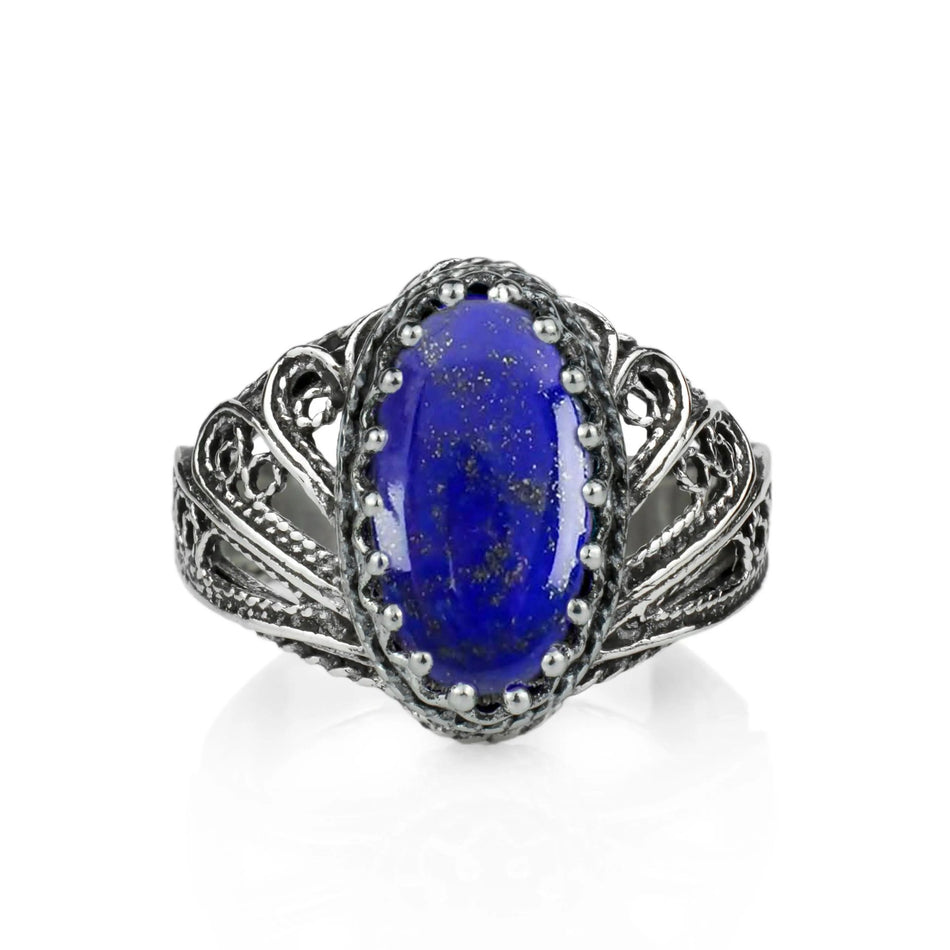 Filigree Art Lapis Lazuli Gemstone Angel Design Women Silver Cocktail Ring - Drakoi Marketplace