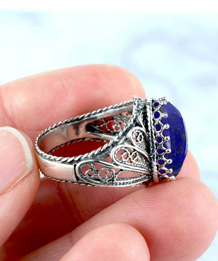 Filigree Art Lapis Lazuli Gemstone Angel Design Women Silver Cocktail Ring - Drakoi Marketplace