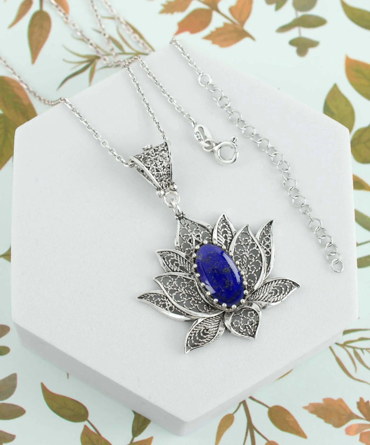 Filigree Art Lapis Lazuli Gemstone Blossoming Lotus Flower Women Silver Pendant Necklace - Drakoi Marketplace