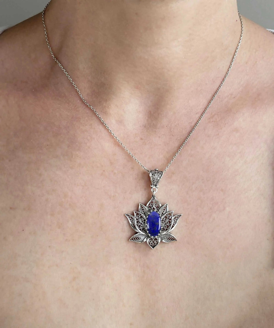 Filigree Art Lapis Lazuli Gemstone Blossoming Lotus Flower Women Silver Pendant Necklace - Drakoi Marketplace