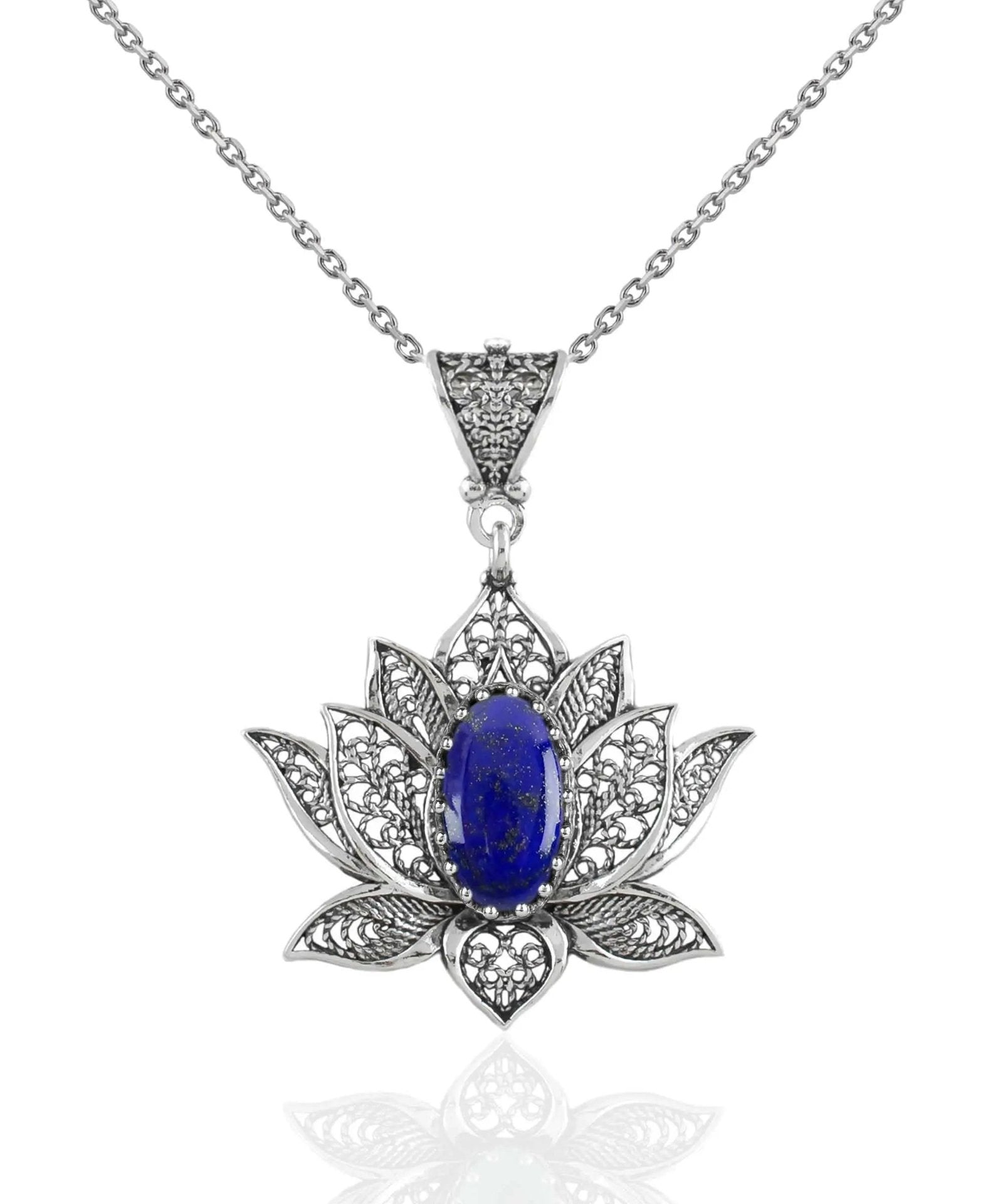 Filigree Art Lapis Lazuli Gemstone Blossoming Lotus Flower Women Silver Pendant Necklace - Drakoi Marketplace