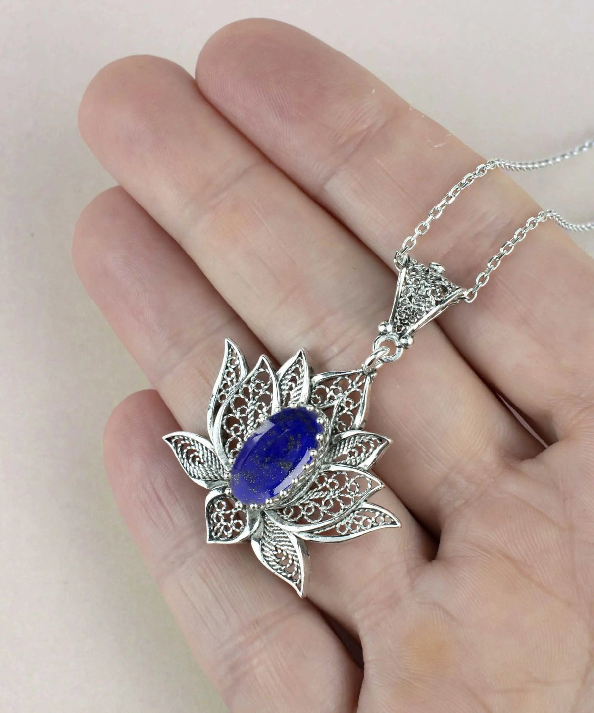 Filigree Art Lapis Lazuli Gemstone Blossoming Lotus Flower Women Silver Pendant Necklace - Drakoi Marketplace