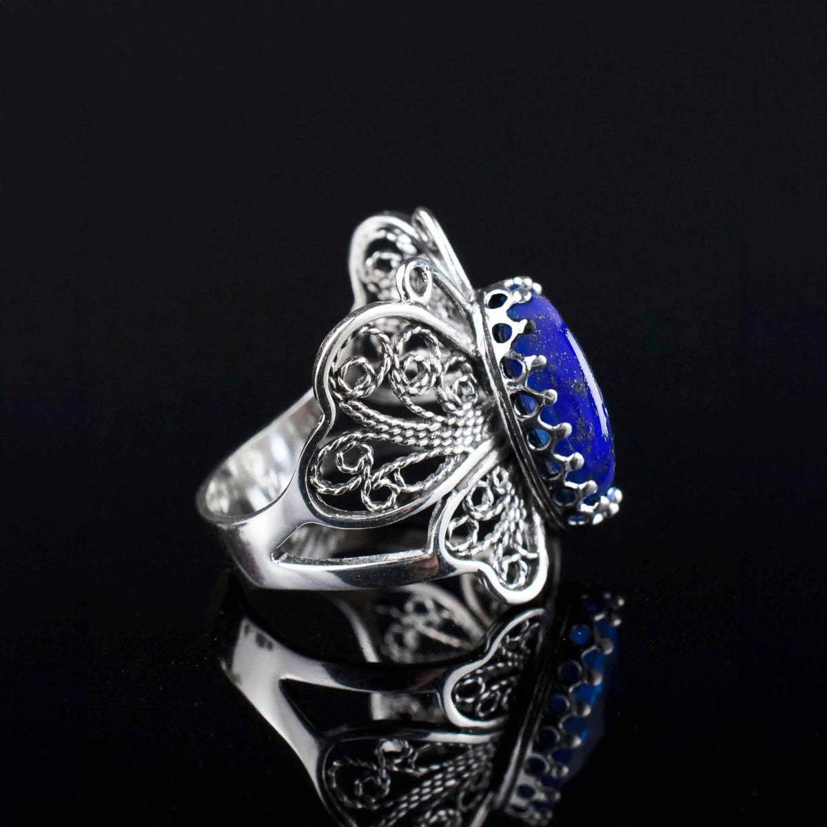 Filigree Art Lapis Lazuli Gemstone Butterfly Design Women Silver Cocktail Ring - Drakoi Marketplace