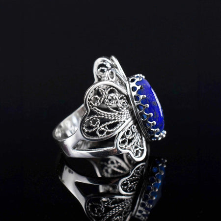 Filigree Art Lapis Lazuli Gemstone Butterfly Design Women Silver Cocktail Ring - Drakoi Marketplace