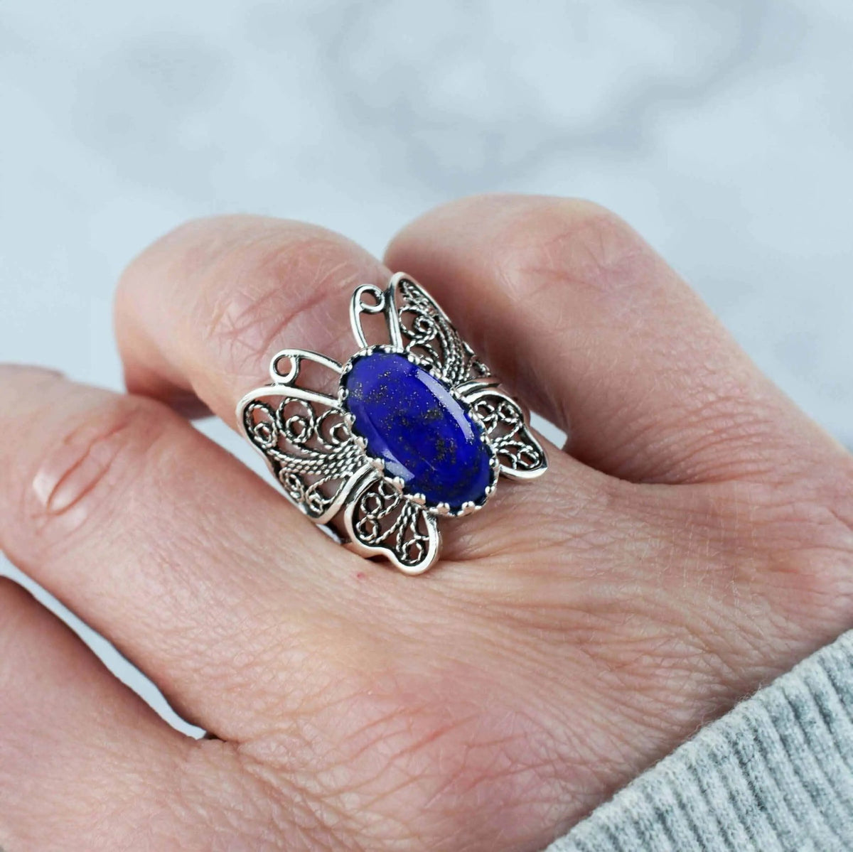 Filigree Art Lapis Lazuli Gemstone Butterfly Design Women Silver Cocktail Ring - Drakoi Marketplace