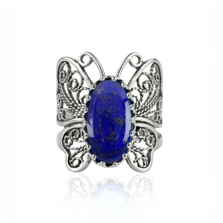 Filigree Art Lapis Lazuli Gemstone Butterfly Design Women Silver Cocktail Ring - Drakoi Marketplace