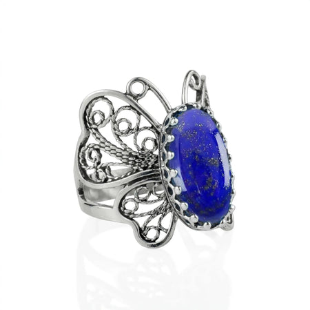 Filigree Art Lapis Lazuli Gemstone Butterfly Design Women Silver Cocktail Ring - Drakoi Marketplace