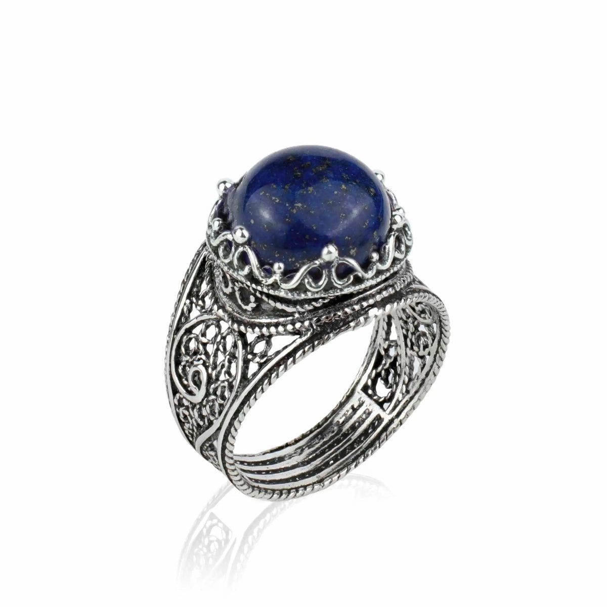 Filigree Art Lapis Lazuli Gemstone Crown Design Women Silver Cocktail Ring - Drakoi Marketplace