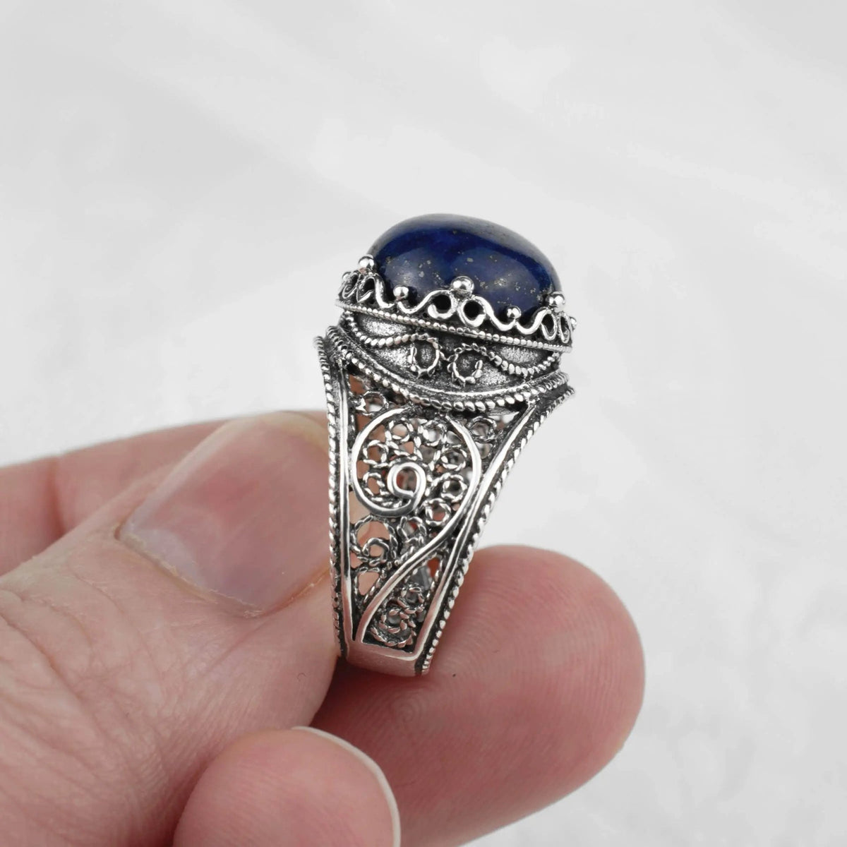 Filigree Art Lapis Lazuli Gemstone Crown Design Women Silver Cocktail Ring - Drakoi Marketplace