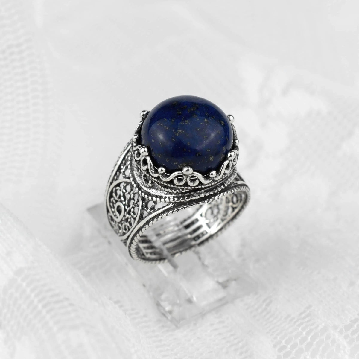 Filigree Art Lapis Lazuli Gemstone Crown Design Women Silver Cocktail Ring - Drakoi Marketplace