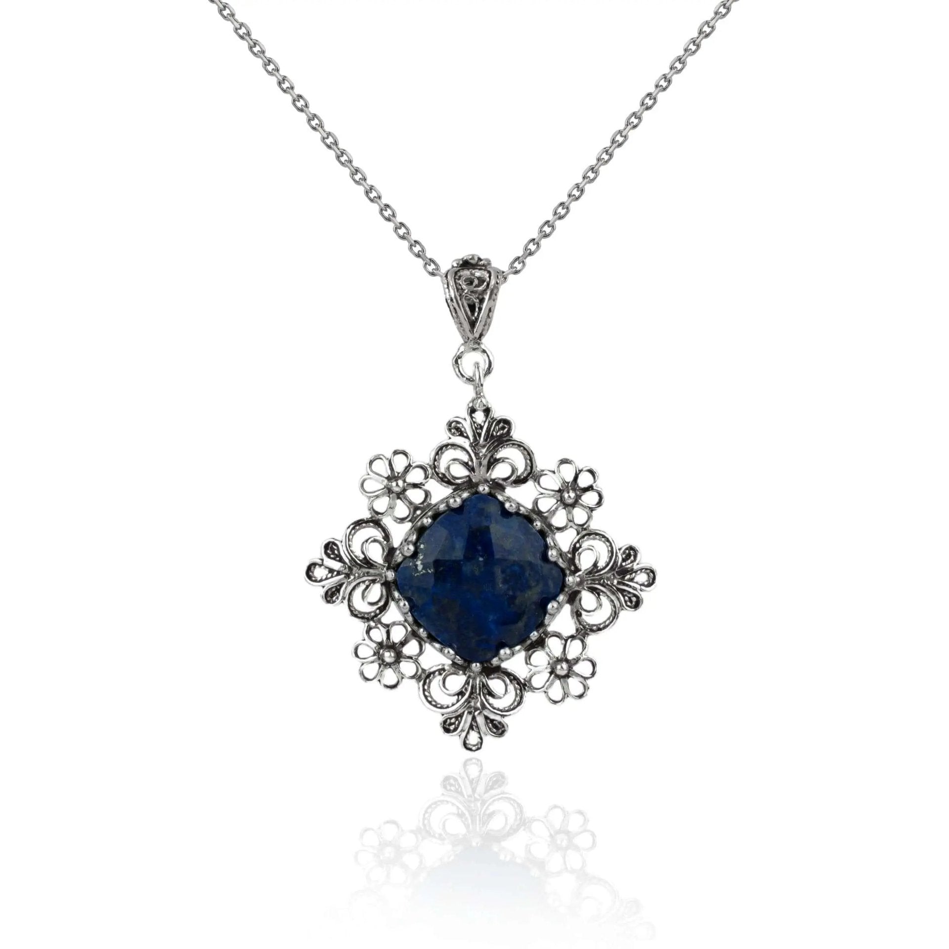 Filigree Art Lapis Lazuli Gemstone Daisy Design Women Silver Pendant Necklace - Drakoi Marketplace