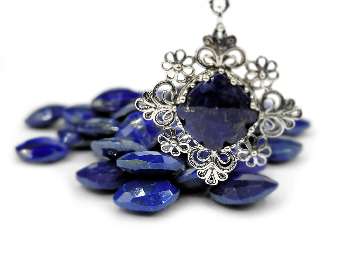 Filigree Art Lapis Lazuli Gemstone Daisy Design Women Silver Pendant Necklace - Drakoi Marketplace