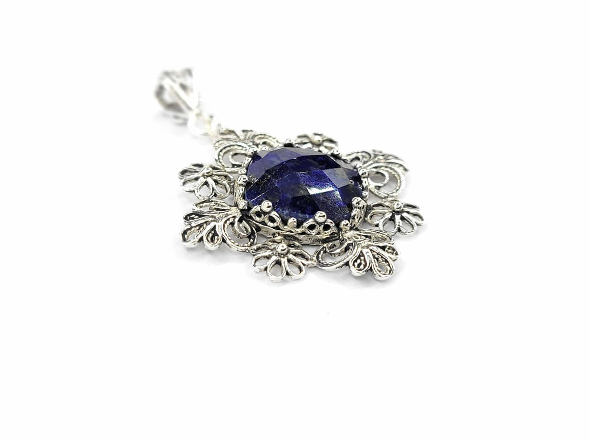 Filigree Art Lapis Lazuli Gemstone Daisy Design Women Silver Pendant Necklace - Drakoi Marketplace