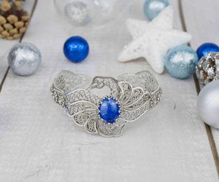 Filigree Art Lapis Lazuli Gemstone Double Swan Figured Women Silver Cuff Bracelet - Drakoi Marketplace